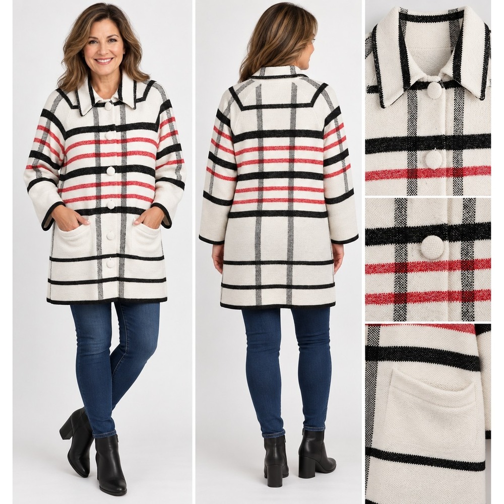 Cabi Executive Plaid Jacket Pockets Red Black Womens Med Business Coastal